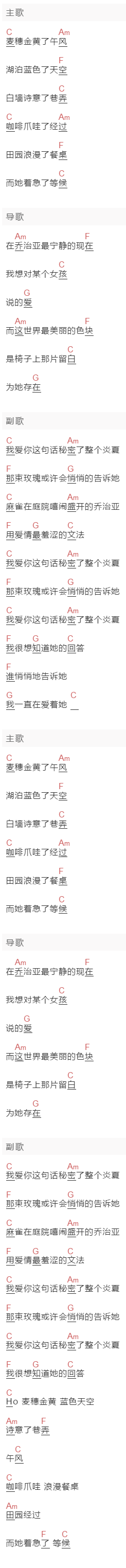 南拳妈妈《悄悄告诉她》吉他谱C调和弦谱(txt)1