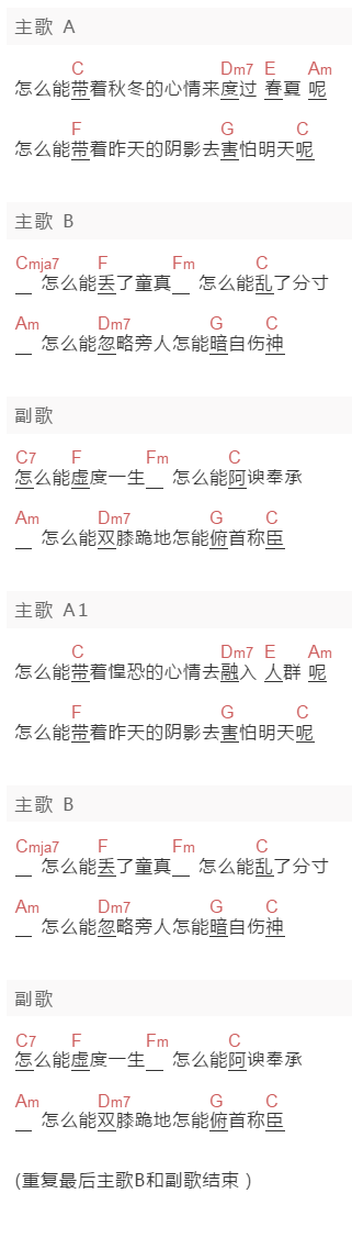 南郭先生《怎么能》吉他谱C调和弦谱(txt)1