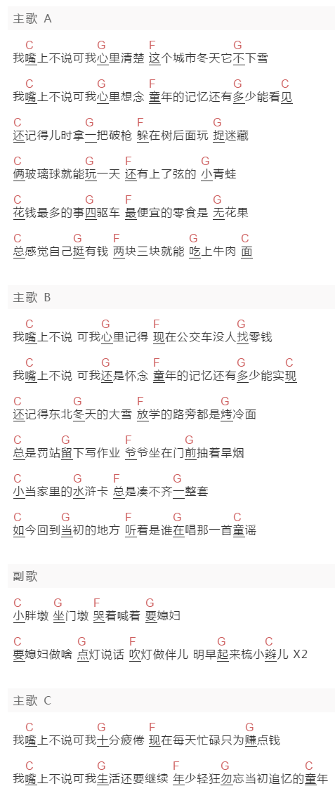 昆子《忆童年》吉他谱C调和弦谱(txt)1