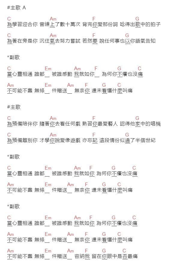 許志安《心灵相通》吉他谱C调和弦谱(txt)1