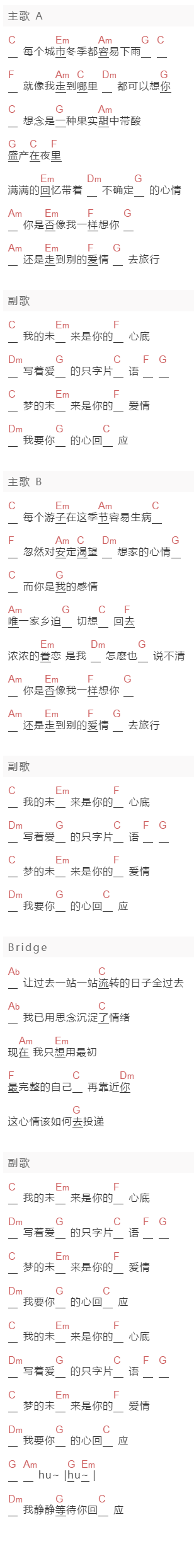 张信哲《心情卡片》吉他谱C调和弦谱(txt)1