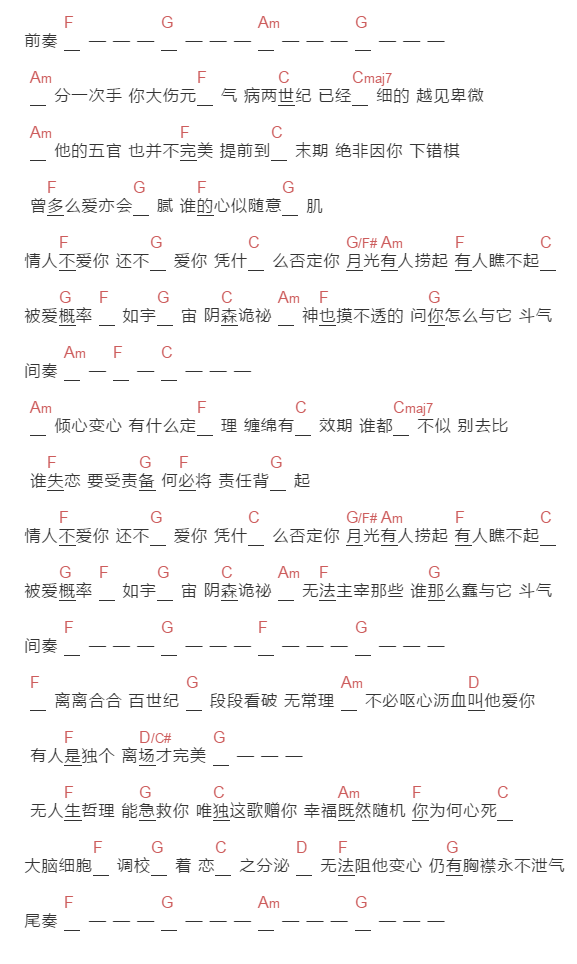 容祖儿《心之科学》吉他谱C调和弦谱(txt)1