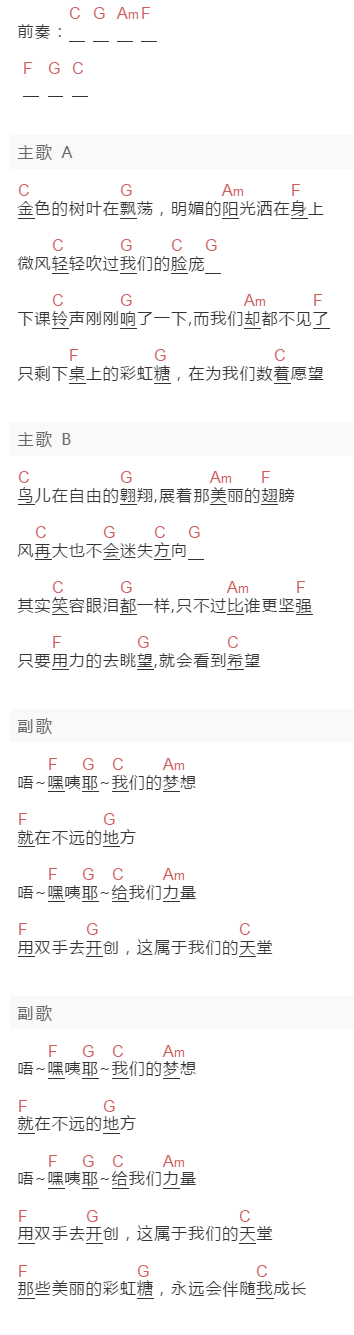 白阳《彩虹糖的梦》吉他谱C调和弦谱(txt)1