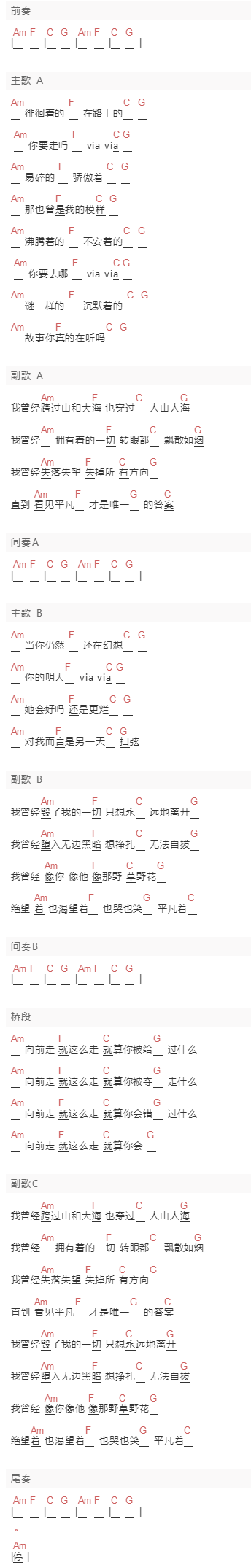朴树《平凡之路朴树》吉他谱C调和弦谱(txt)1