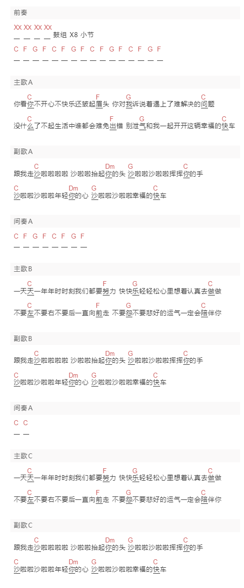 孙悦《幸福快车》吉他谱C调和弦谱(txt)1