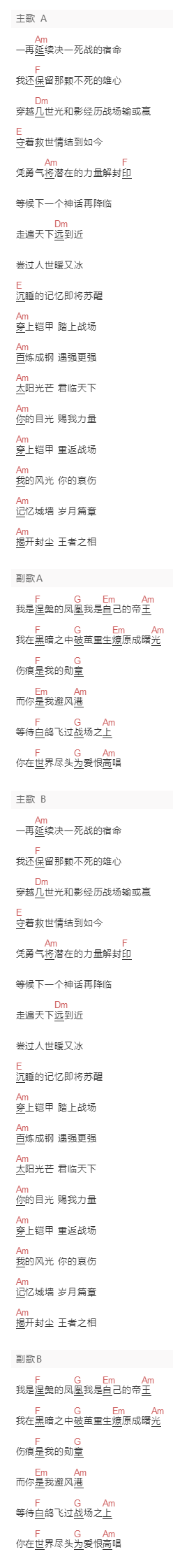 颜寰青《帝皇再临》吉他谱C调和弦谱(txt)1