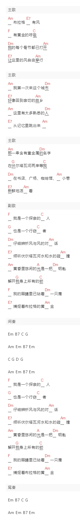 无边界音乐《布拉格》吉他谱C调和弦谱(txt)1