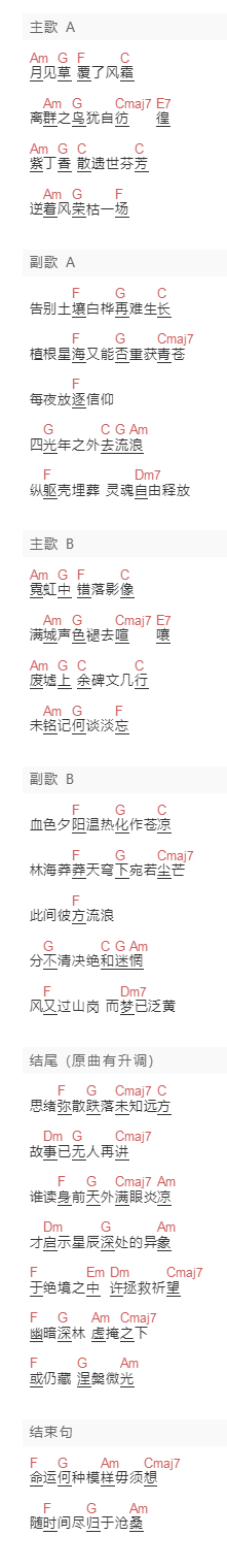 不才《岁月成碑》吉他谱C调和弦谱(txt)1