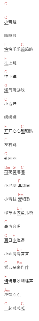 圈圈宝贝《小青蛙》吉他谱C调和弦谱(txt)1