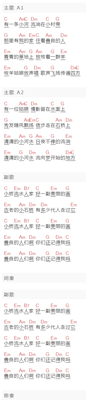 张迪《小桥流水人家》吉他谱C调和弦谱(txt)1