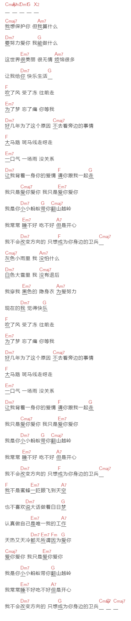 潘玮柏《小小蚂蚁》吉他谱C调和弦谱(txt)1