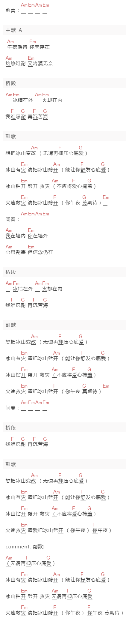 blue jeans《将冰山劈开》吉他谱C调和弦谱(txt)1