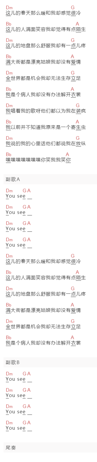 赵照《寄生虫》吉他谱C调和弦谱(txt)1