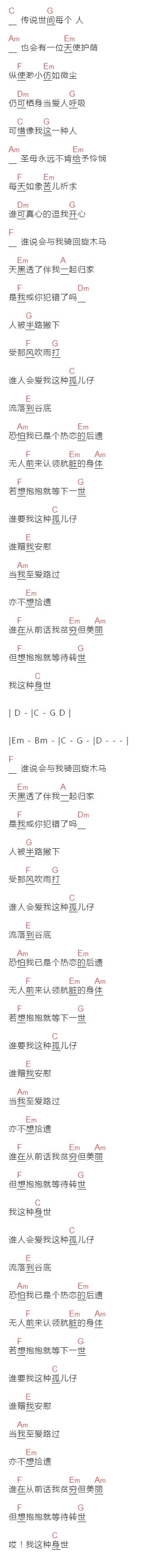 陈奕迅,苦荣《孤儿仔》吉他谱C调和弦谱(txt)1
