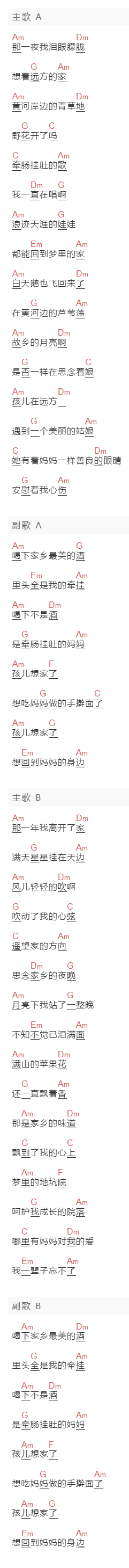 小酒窝圆圆《妈妈的歌》吉他谱C调和弦谱(txt)1