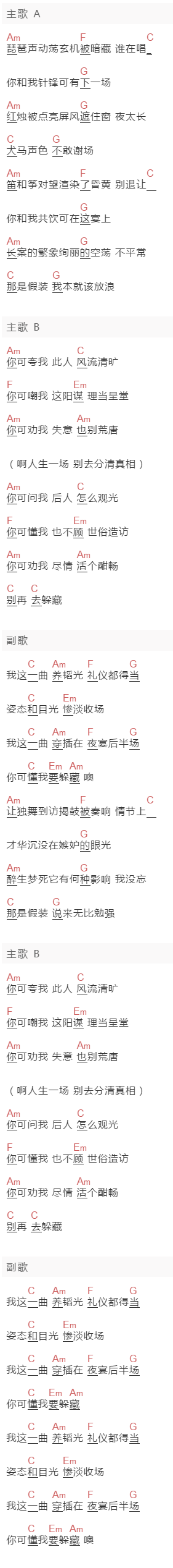 音阙诗听,王梓钰《夜宴风波》吉他谱C调和弦谱(txt)1