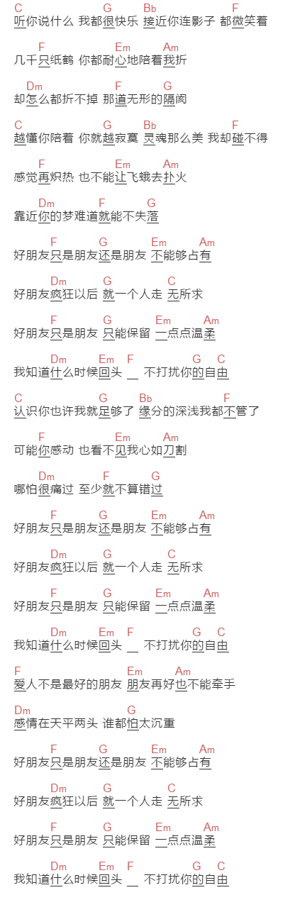 郁可唯《好朋友只是朋友》吉他谱C调和弦谱(txt)1