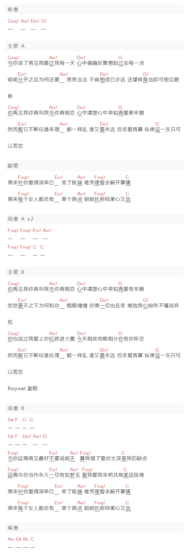 邓建明《女人的弱点》吉他谱C调和弦谱(txt)1
