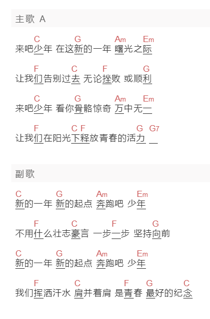 李振扬《奔跑吧少年》吉他谱C调和弦谱(txt)1