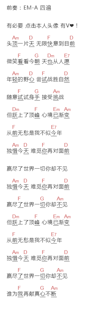马浚伟《头顶一片天》吉他谱C调和弦谱(txt)1