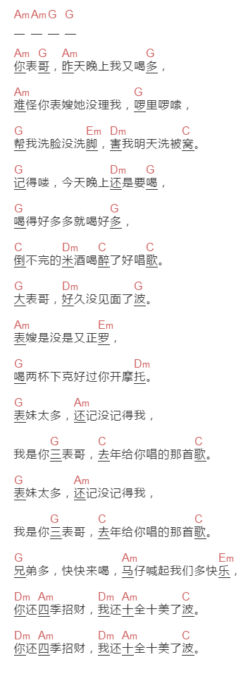 不知名《大表哥》吉他谱C调和弦谱(txt)1