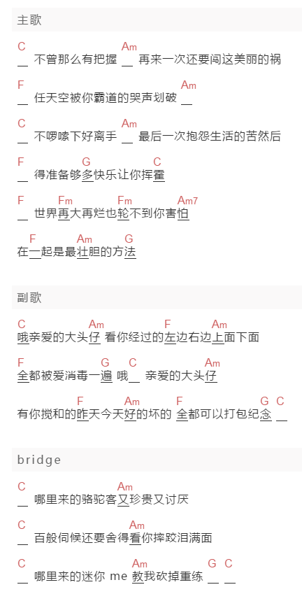 徐佳莹《大头仔》吉他谱C调和弦谱(txt)1