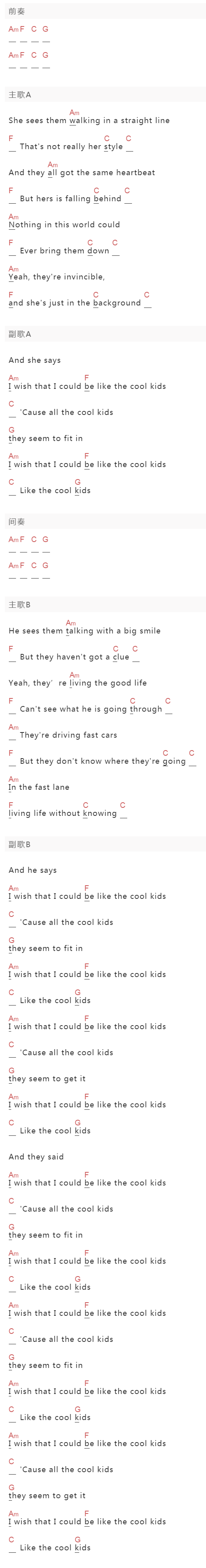 Echosmith《Cool Kids》吉他谱C调和弦谱(txt)1