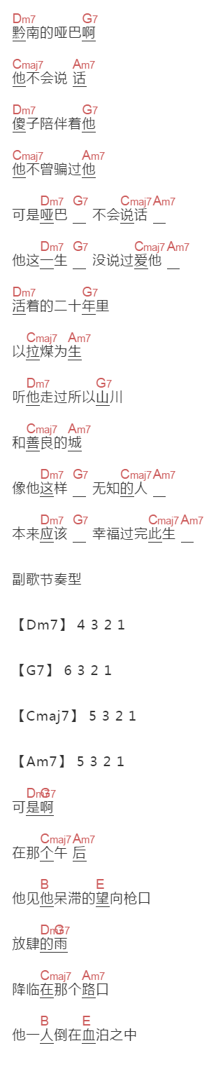 蒋先贵《黔南的哑巴》吉他谱C调和弦谱(txt)1
