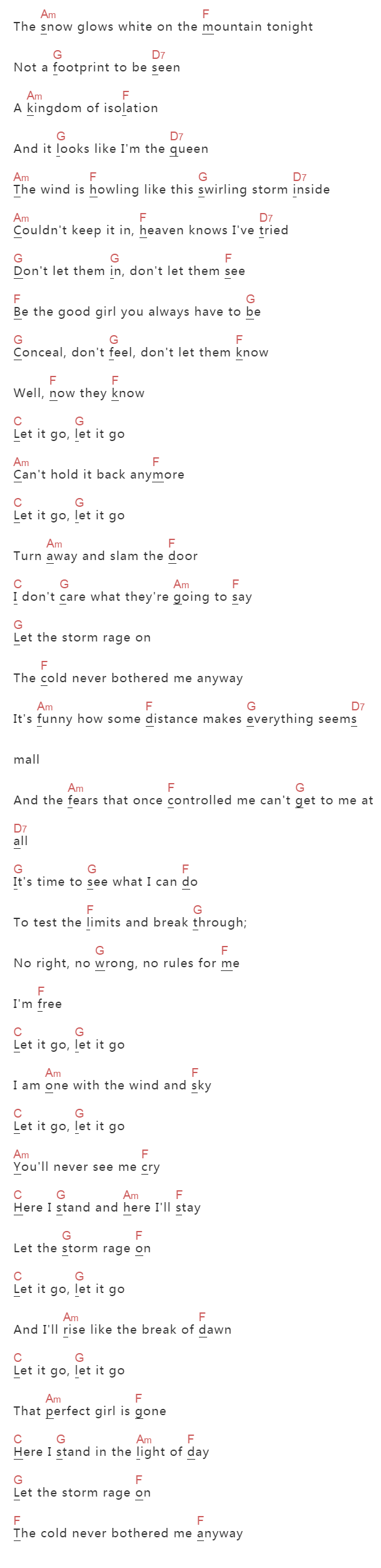 InidaMenzel《Let It Go》吉他谱C调和弦谱(txt)1