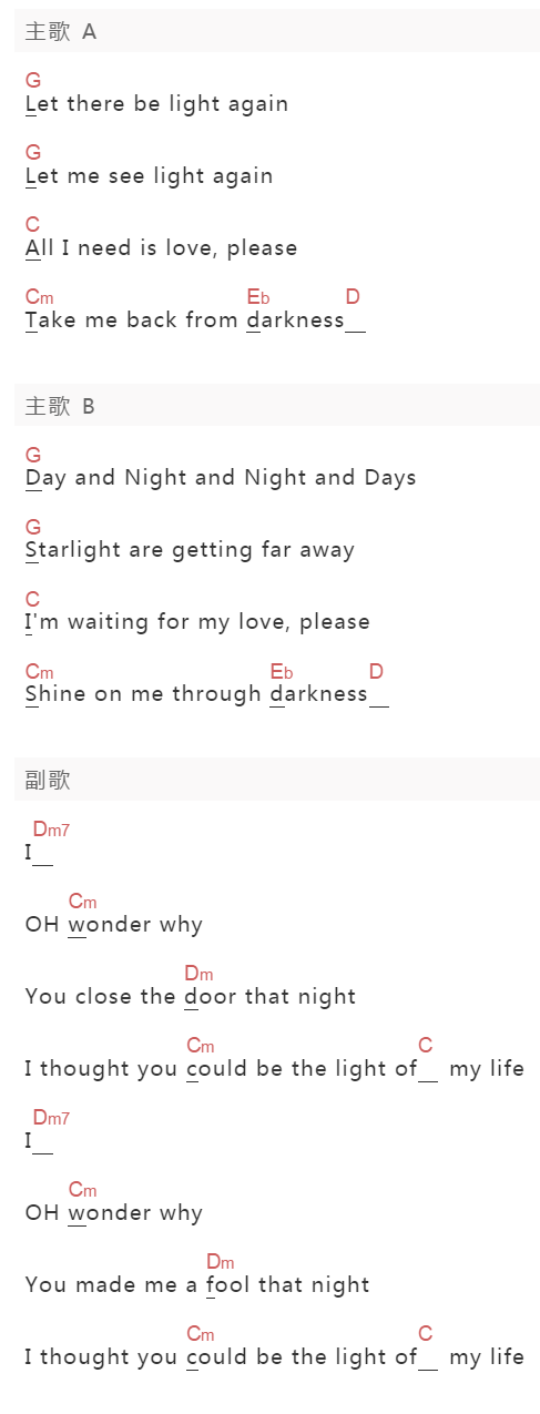 落日飞车《Let There Be Light Again》吉他谱C调和弦谱(txt)1