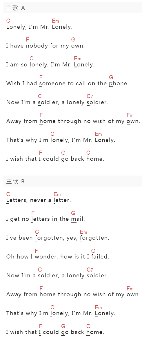 Bobby Vinton《Mr. Lonely》吉他谱C调和弦谱(txt)1