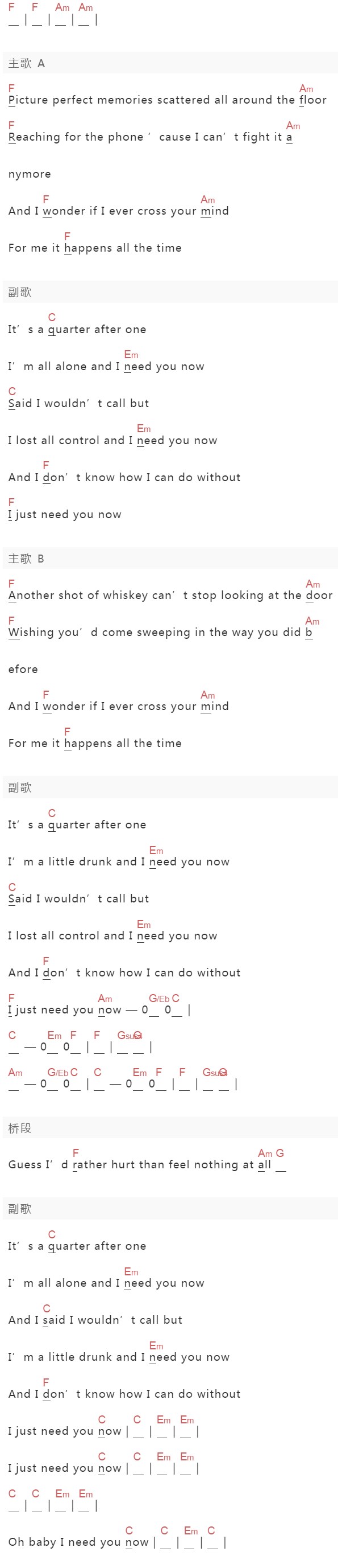 lady antebellum《Need You Now》吉他谱C调和弦谱(txt)1