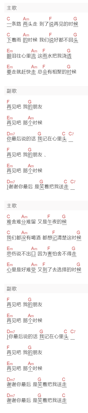 隔壁团《再见吧朋友》吉他谱C调和弦谱(txt)1