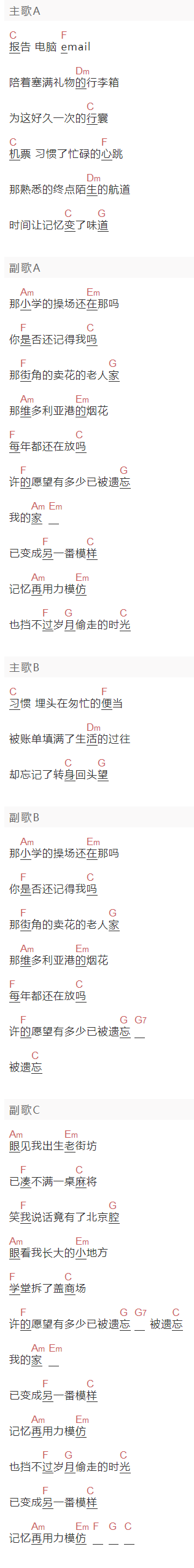 李治廷《回家路上》吉他谱C调和弦谱(txt)1