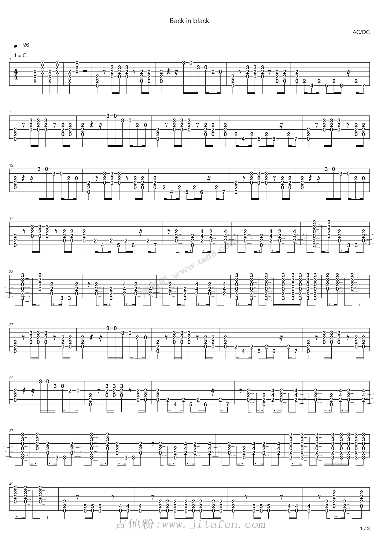 AC,DC《Back In Black》吉他谱C调六线谱(图)1