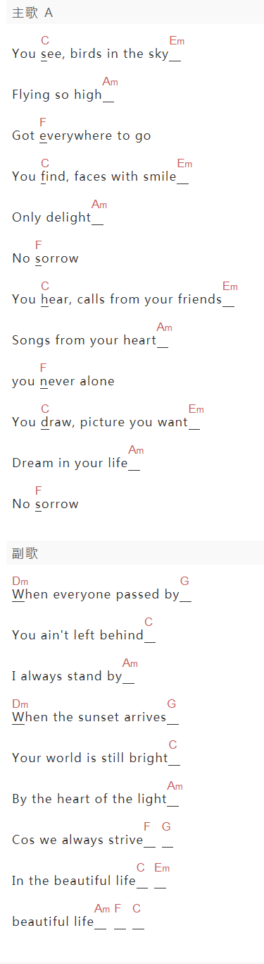 丁可《Beautiful Life》吉他谱C调和弦谱(txt)1