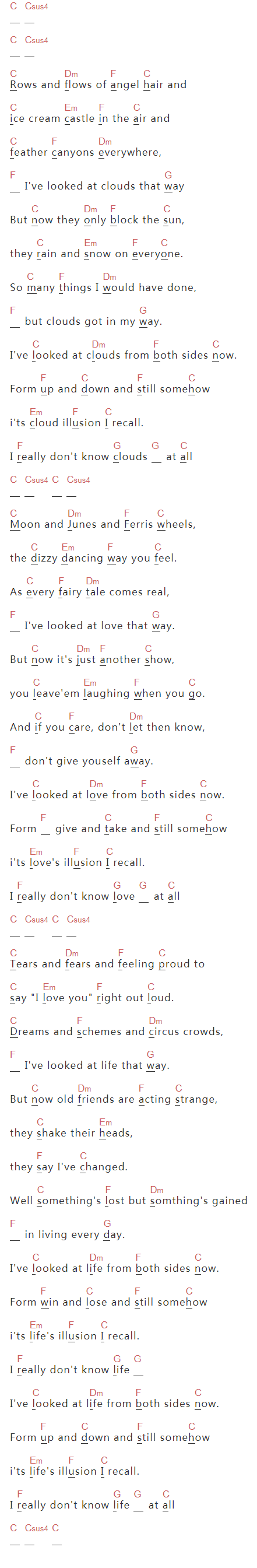 Emilia Jones《Both Sides Now》吉他谱C调和弦谱(txt)1