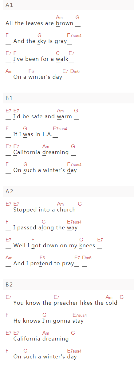 The Mamas , The Papas《California Dreaming》吉他谱C调和弦谱(txt)1