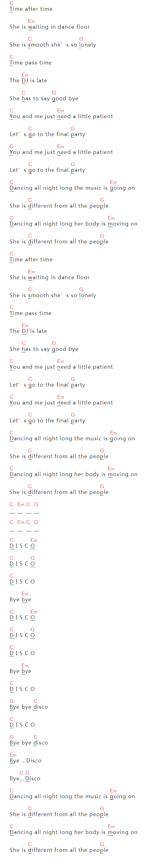 新裤子《Byebye Disco》吉他谱C调六线谱(图)1