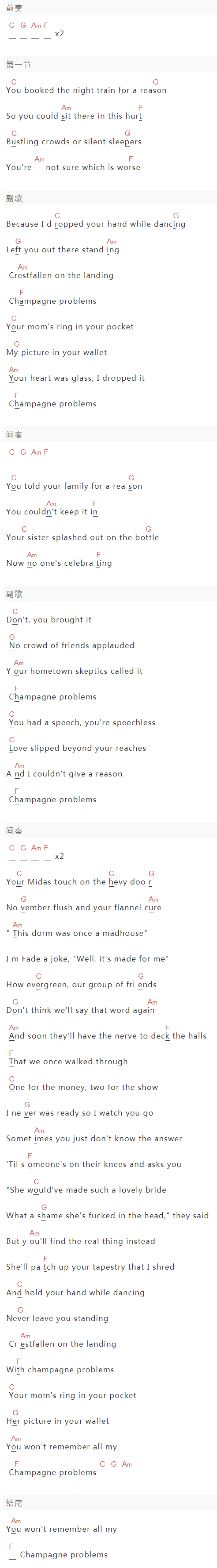 Taylor Swift《Champagne Problems》吉他谱C调和弦谱(txt)1