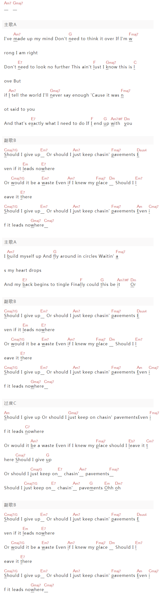 Adele Adkins《Chasing Pavements》吉他谱C调和弦谱(txt)1