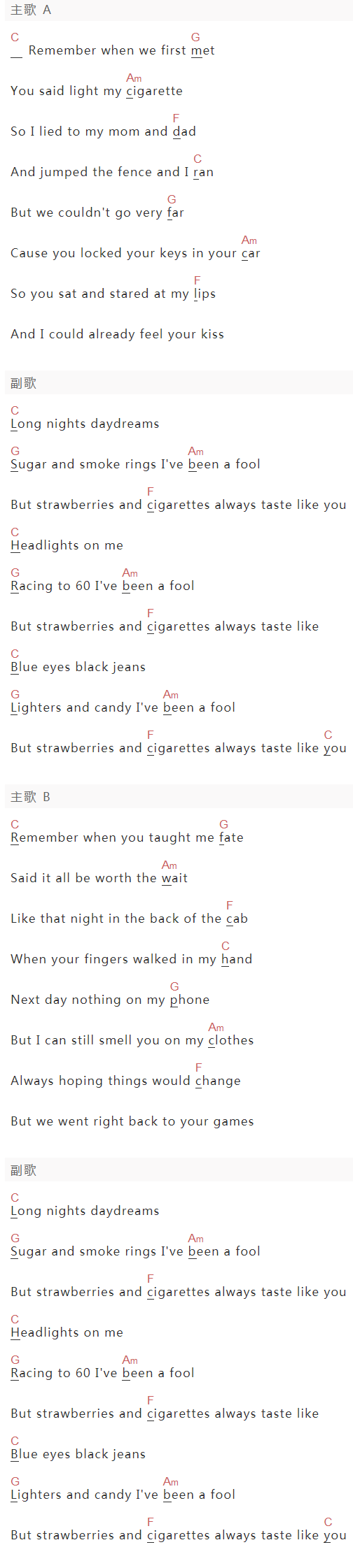 Troye Sivan《Strawberries & Cigarettes》吉他谱C调和弦谱(txt)1