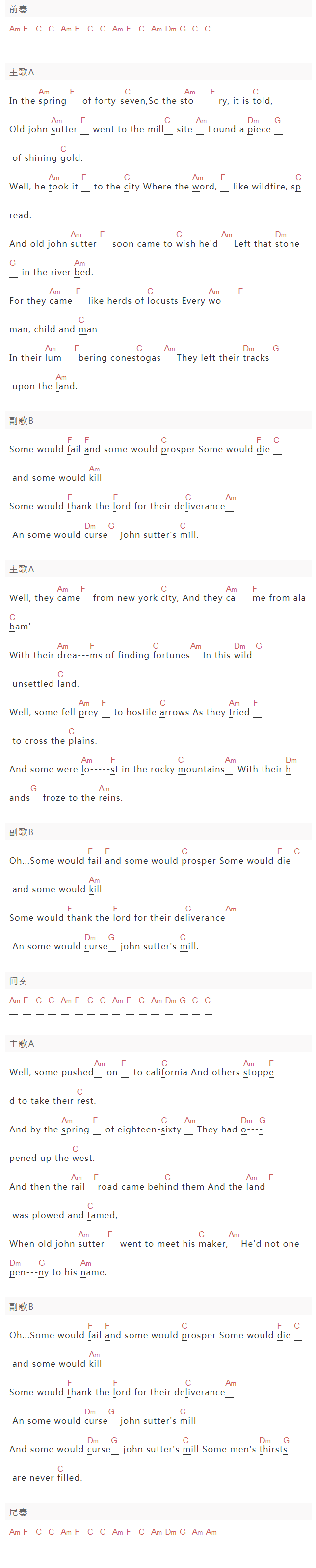 Dan Fogelberg《Sutter's Mill》吉他谱C调和弦谱(txt)1