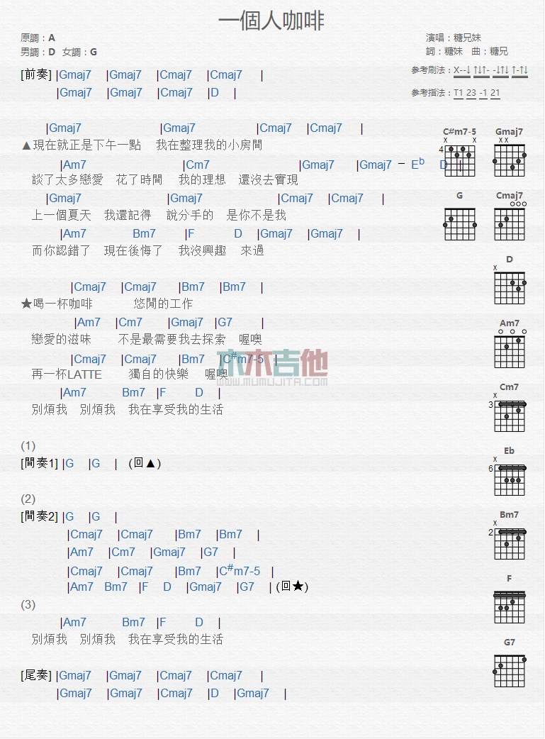 糖兄妹《一个人咖啡》吉他谱C调和弦谱(txt)1