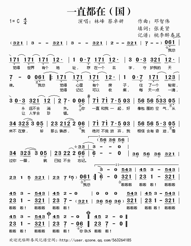 林峯,蔡卓妍《一直都在》吉他谱C调简谱1