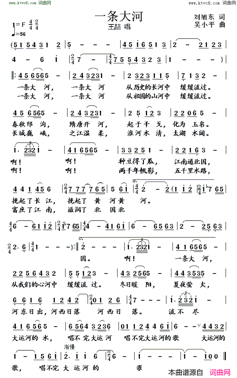 王喆《一条大河》吉他谱C调简谱1