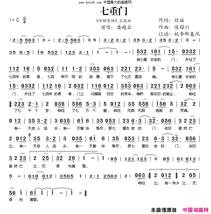 潘越云《七重门》吉他谱C调简谱1