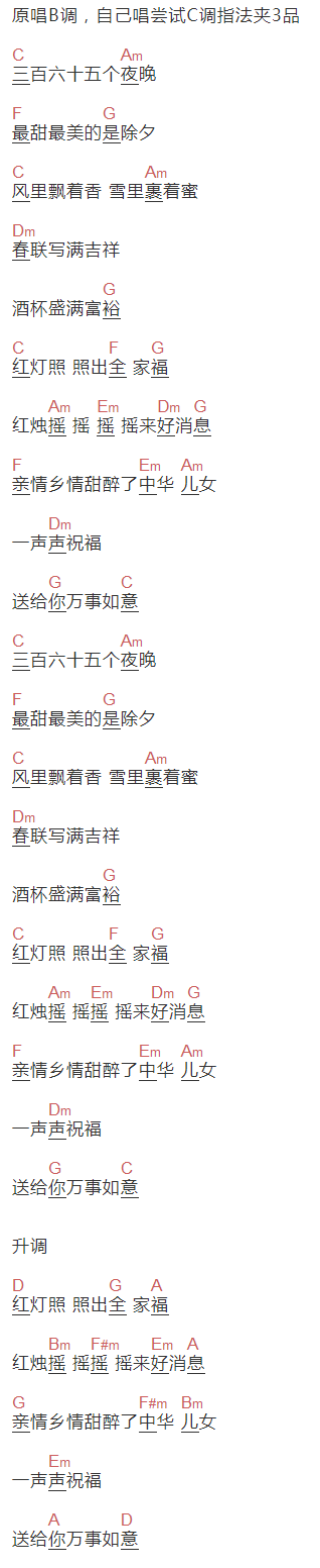 张也《万事如意》吉他谱C调和弦谱(txt)1