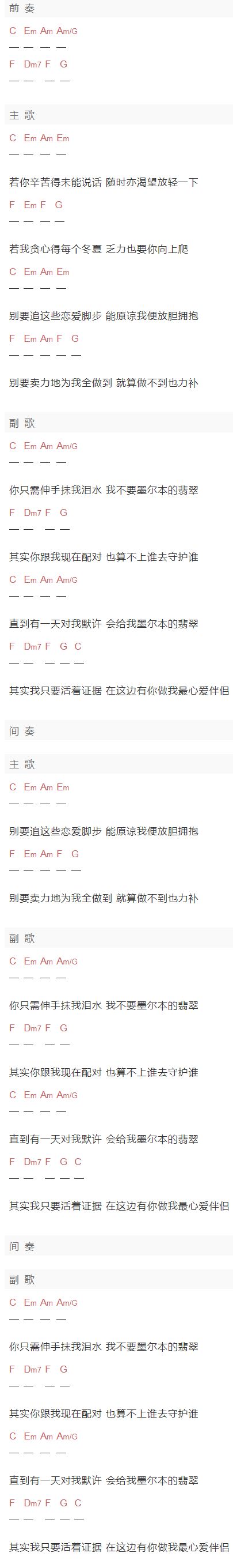 胡芳芳《不要墨尔本的翡翠》吉他谱C调和弦谱(txt)1