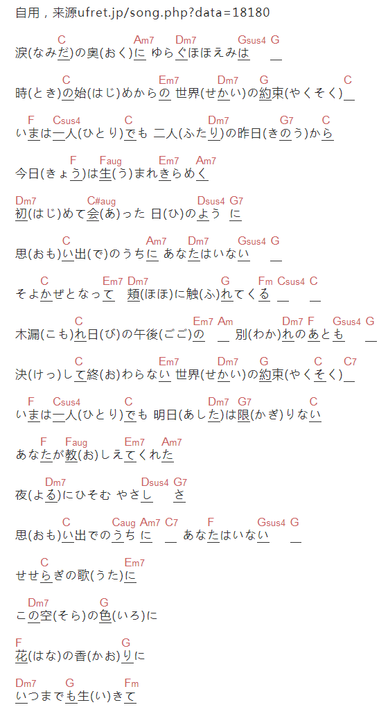 倍赏千惠子《世界的约定》吉他谱C调和弦谱(txt)1
